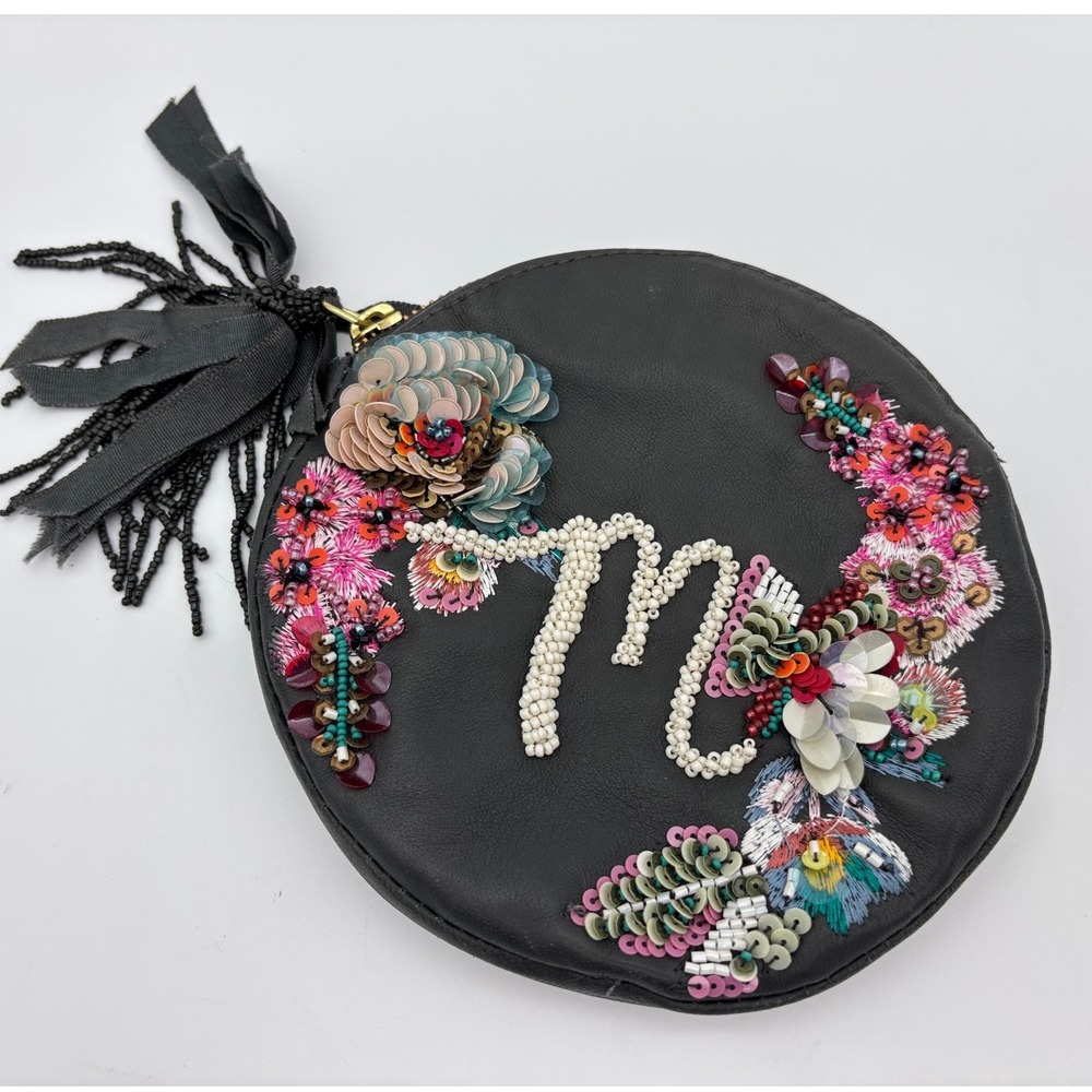 ANTHROPOLOGIE Monogram Round Bag Clutch Anna Harlow Russo Pouch Leather M NEW 3D